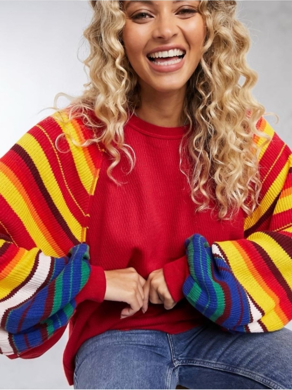 Free People We The Free Rainbow Dreams Pullover XS Red Combo Balloon Sleeve